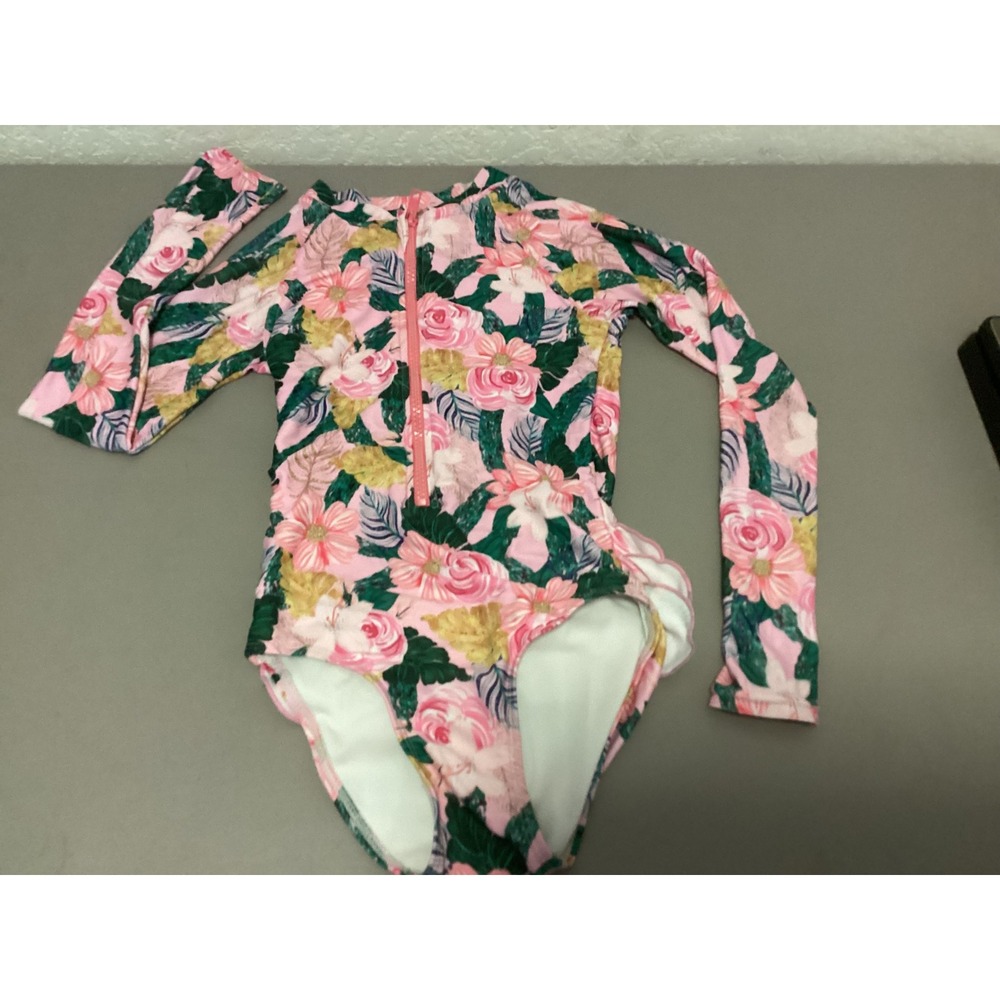 Tame the Sun Swimsuit Kids 7 Pink Floral Long Sleeve Ruffles Tropical
